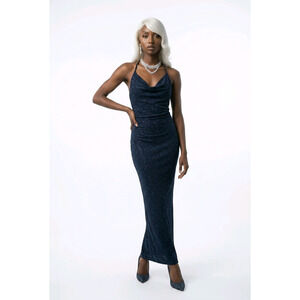 BeryLove Women's Maxi Gown Shimmer Knit Cowl Neck Navy Blue Size M NWT